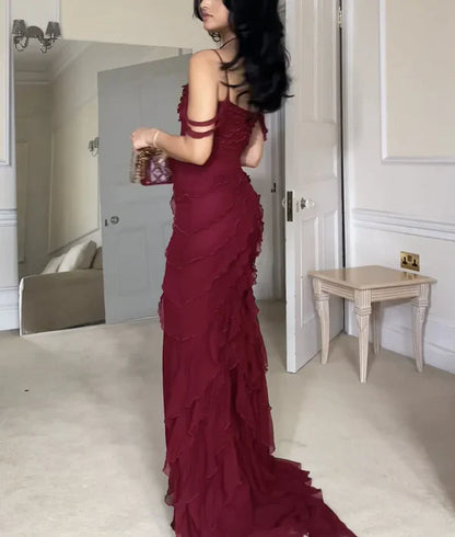 Pretty Mermaid Off The Shoulder Burgundy Slit Long Prom Dresses Formal Evening Dress