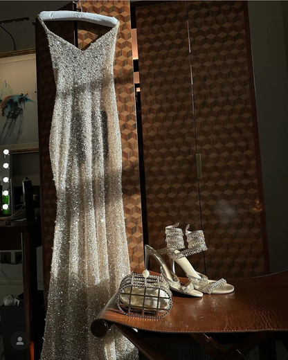Mermaid Halter Neckline Long Sequin Champagne Party Dresses Prom Dress