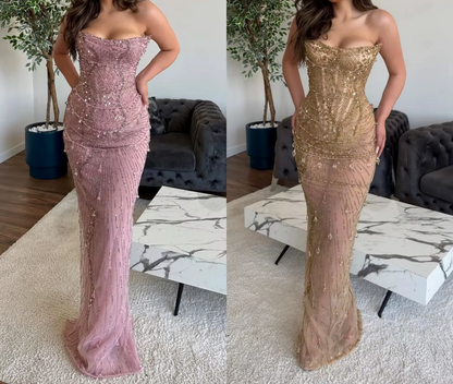 Classy Mermaid Strapless Tulle Pink Long Evening Dress Prom Dresses With Beads