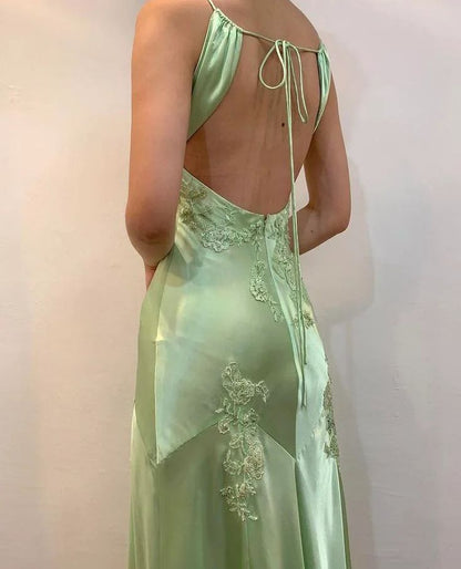 Fancy Mermaid Spaghetti Straps Green Backless Long Prom Dress Evening Dress Formal Dress