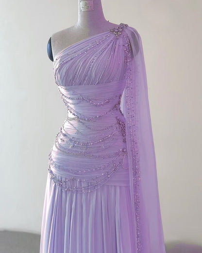 Classy A Line One Shoulder Pink Chiffon Evening Gown Prom Dresses