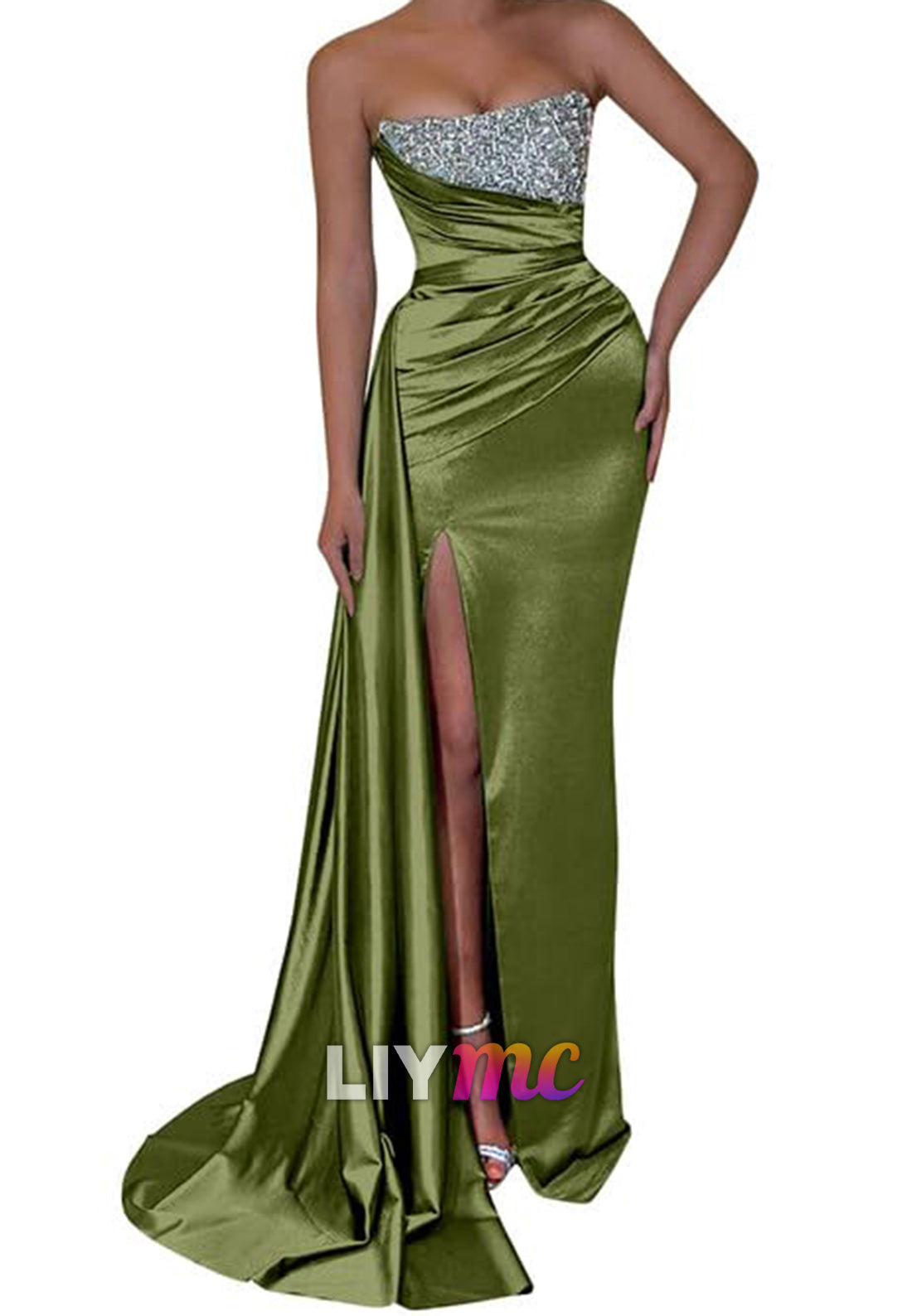 Straight Across Sleeveless Sparkly Pleated Side Slid Sheath Prom Dress