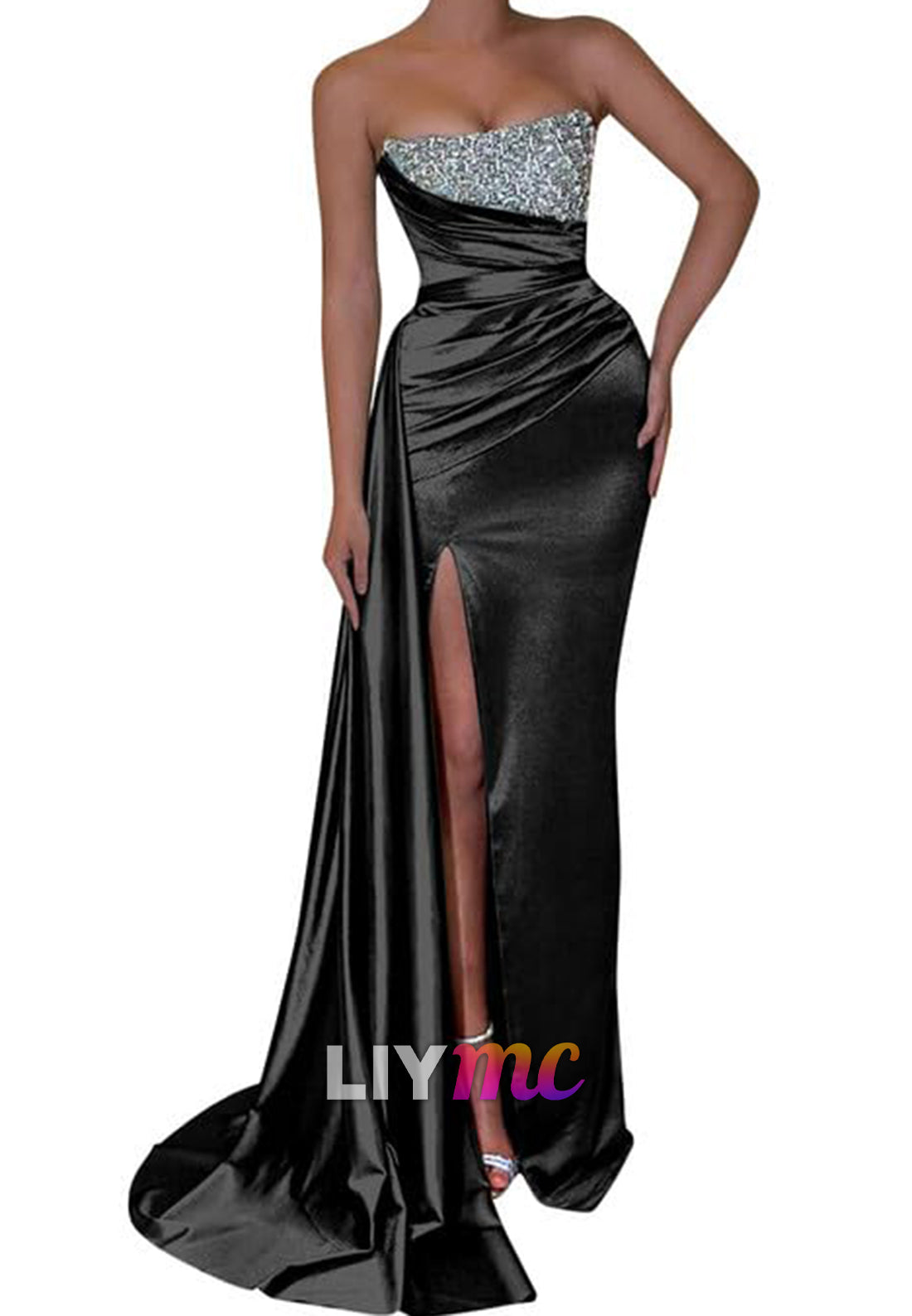 Straight Across Sleeveless Sparkly Pleated Side Slid Sheath Prom Dress