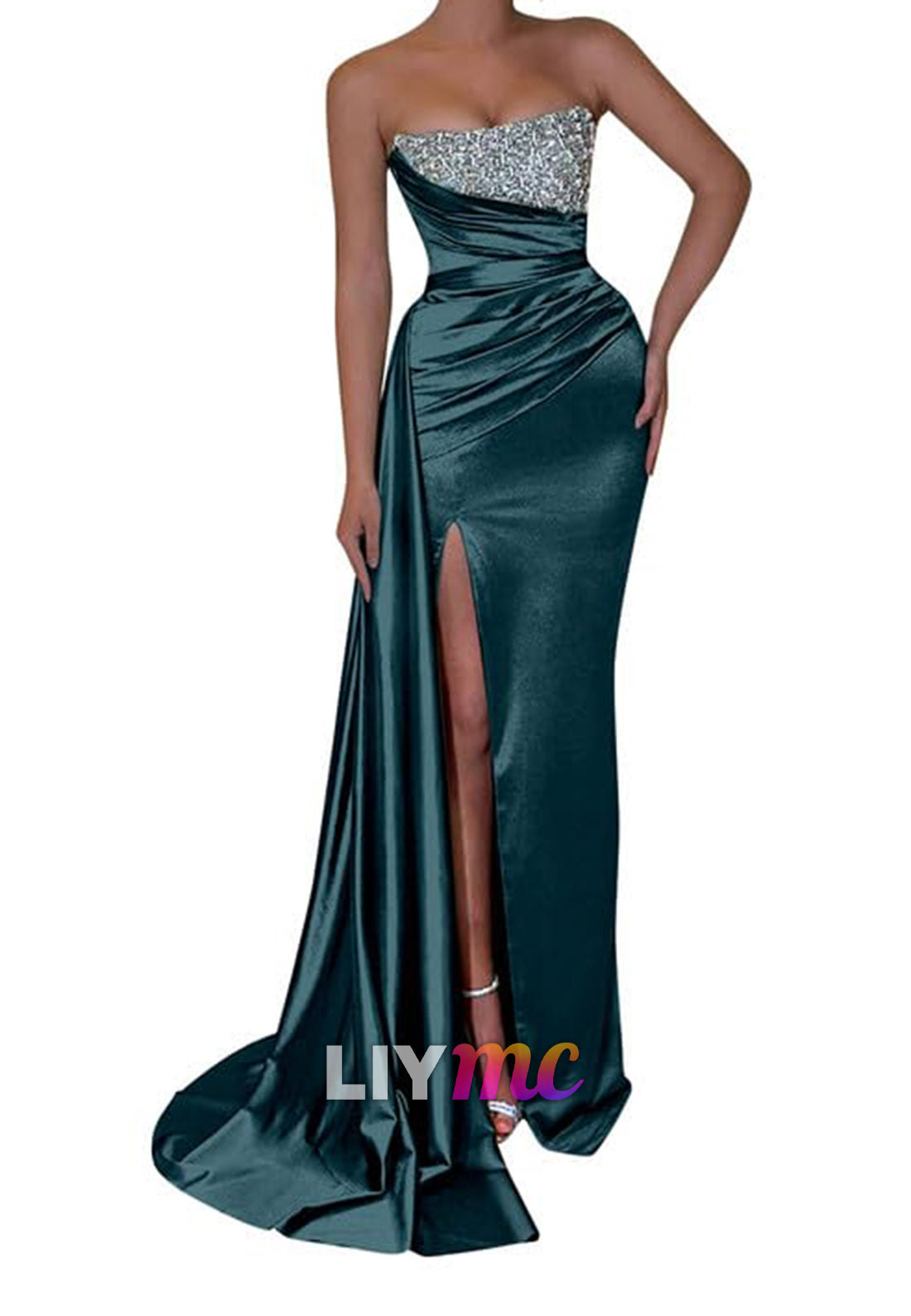 Straight Across Sleeveless Sparkly Pleated Side Slid Sheath Prom Dress