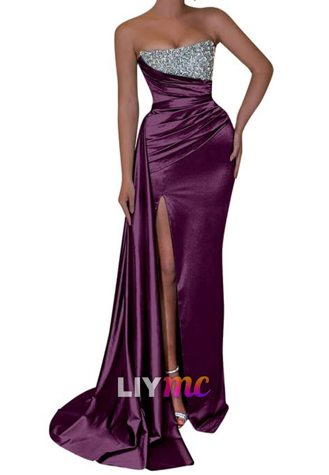 Straight Across Sleeveless Sparkly Pleated Side Slid Sheath Prom Dress