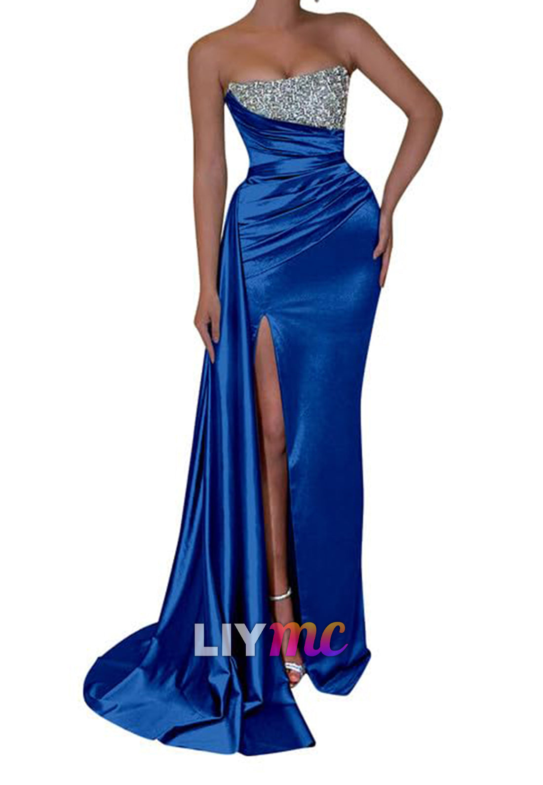 Straight Across Sleeveless Sparkly Pleated Side Slid Sheath Prom Dress