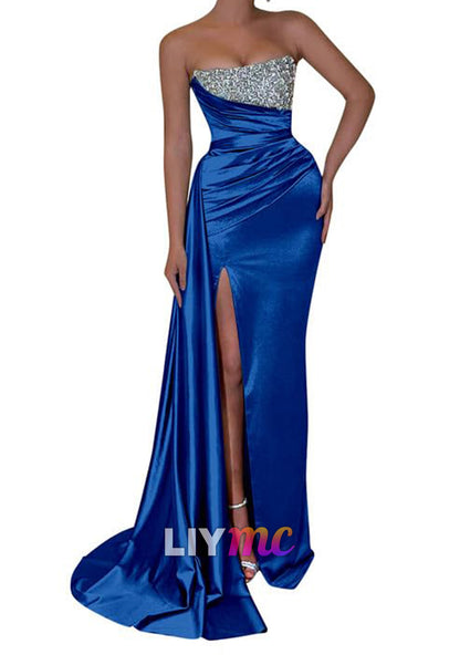 Straight Across Sleeveless Sparkly Pleated Side Slid Sheath Prom Dress