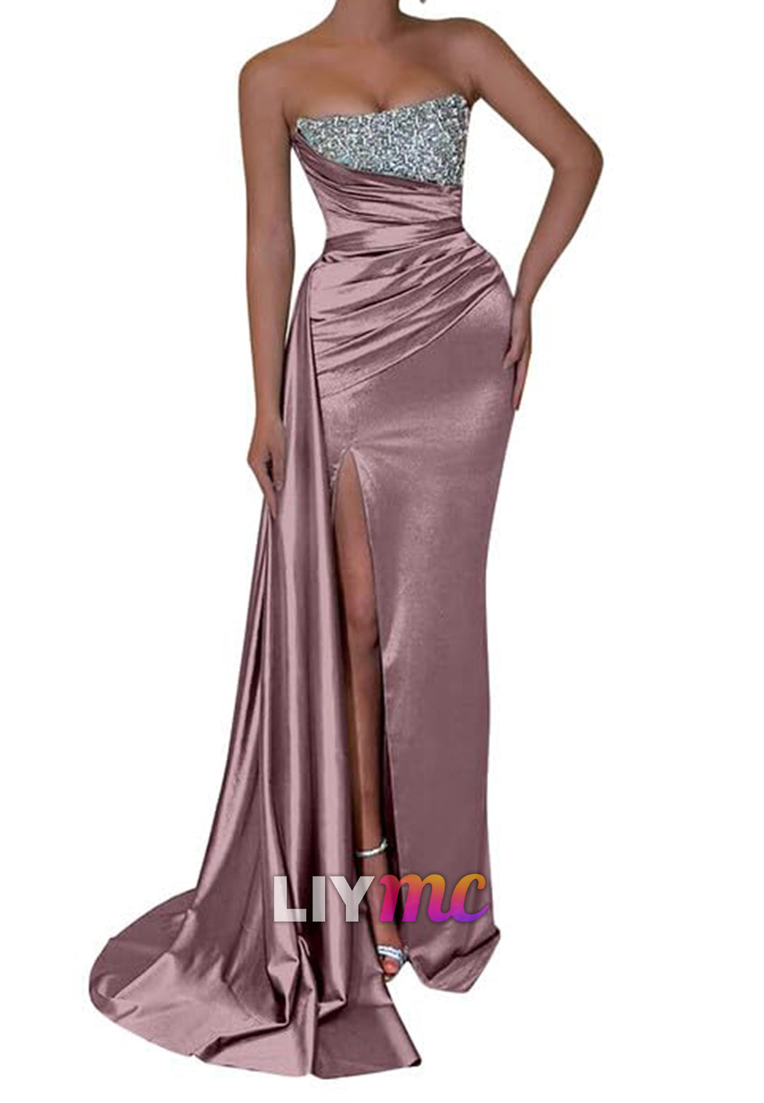 Straight Across Sleeveless Sparkly Pleated Side Slid Sheath Prom Dress