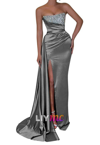 Straight Across Sleeveless Sparkly Pleated Side Slid Sheath Prom Dress