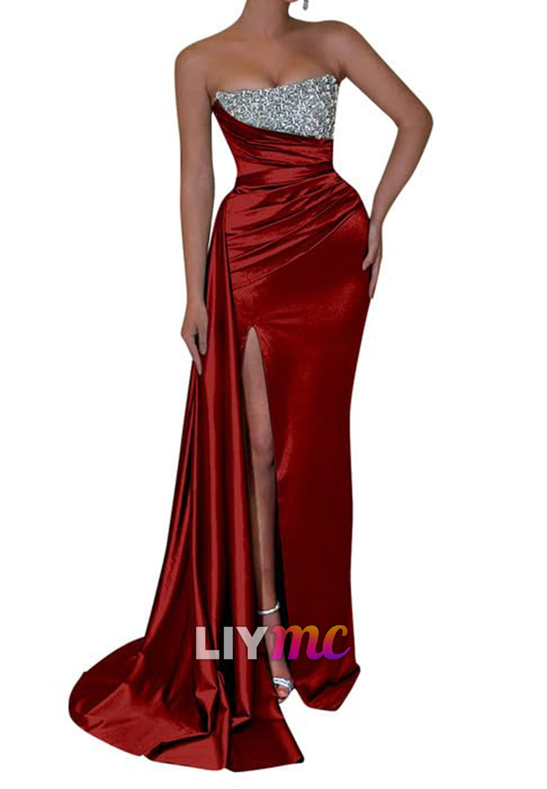 Straight Across Sleeveless Sparkly Pleated Side Slid Sheath Prom Dress