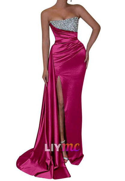 Straight Across Sleeveless Sparkly Pleated Side Slid Sheath Prom Dress