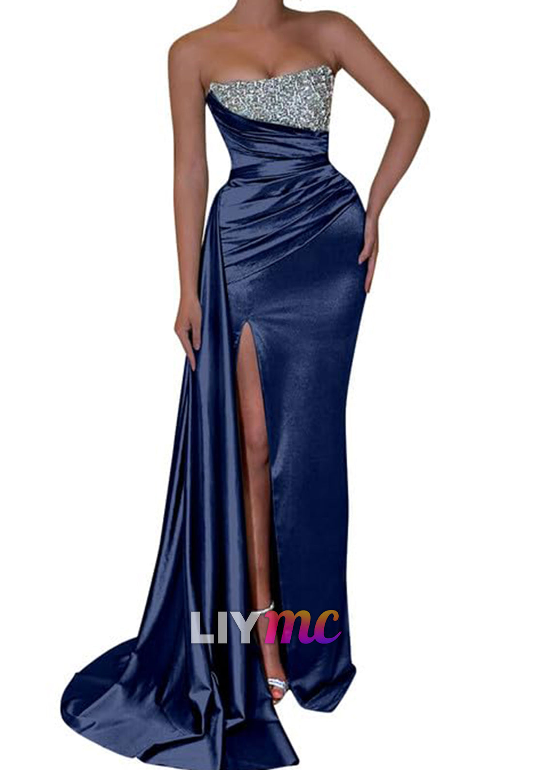 Straight Across Sleeveless Sparkly Pleated Side Slid Sheath Prom Dress