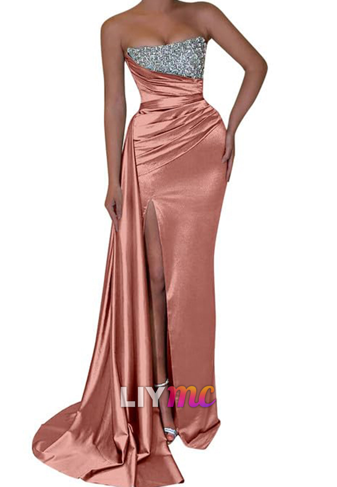 Straight Across Sleeveless Sparkly Pleated Side Slid Sheath Prom Dress