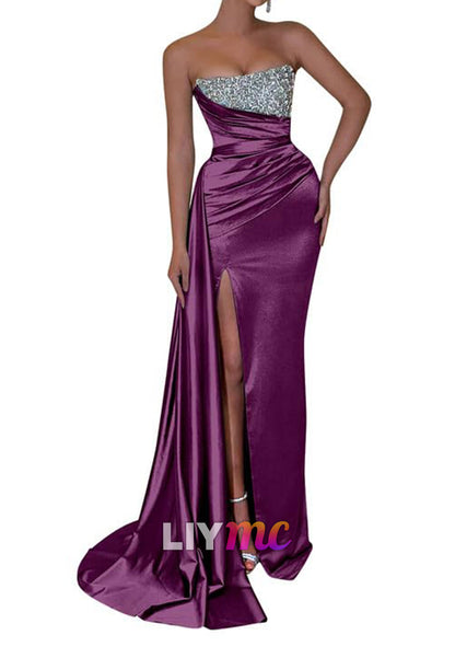 Straight Across Sleeveless Sparkly Pleated Side Slid Sheath Prom Dress