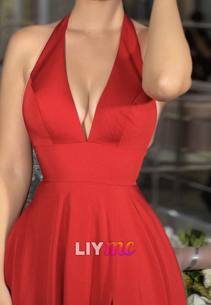 Low V-Neck Sleeveless Side Slit Open Back Pleated A-Line Prom Dress