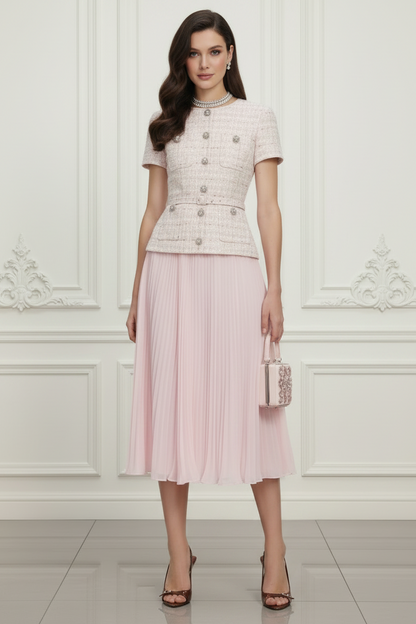 Cocktail Dress Pink Sequin Boucle Tailored Midi Dress