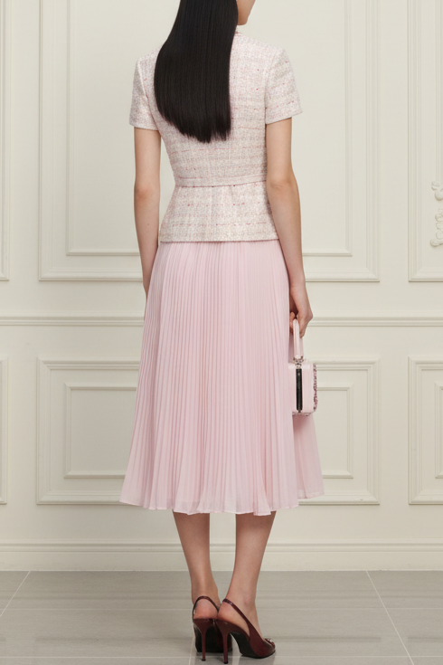 Cocktail Dress Pink Sequin Boucle Tailored Midi Dress