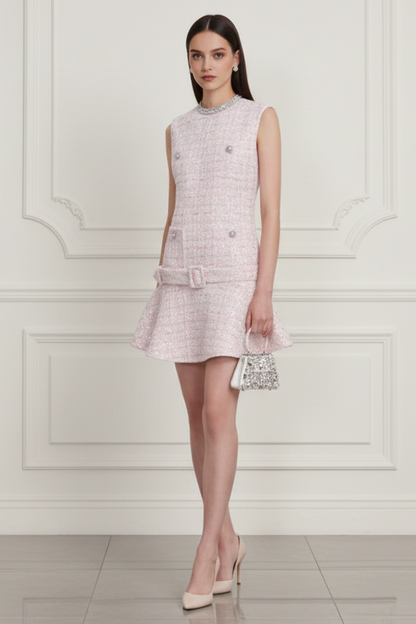 Cocktail Dress Pink Sequin Boucle Belted Mini Dress
