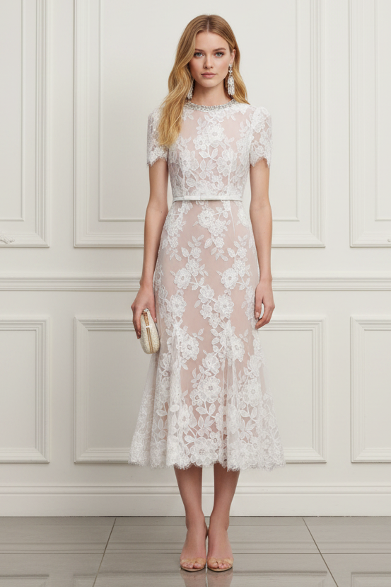 Wedding Guest Dress White Sequin Lace Midi Dress