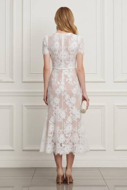 Wedding Guest Dress White Sequin Lace Midi Dress