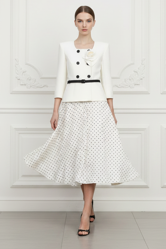 Cocktail Dress Cream 3D Flower Polka Dot Midi Dress