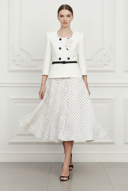 Cocktail Dress Cream 3D Flower Polka Dot Midi Dress