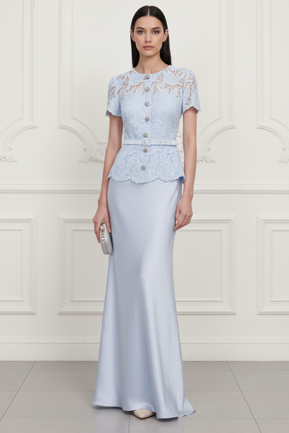 Wedding Guest Dress Blue Lace Satin Maxi Dress