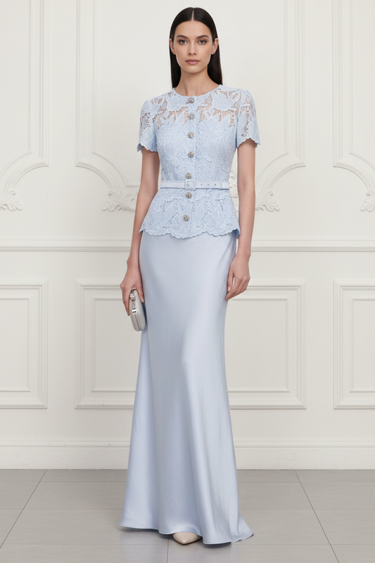 Wedding Guest Dress Blue Lace Satin Maxi Dress