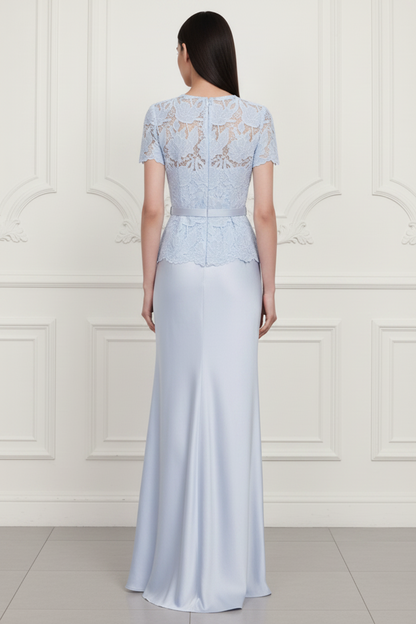 Wedding Guest Dress Blue Lace Satin Maxi Dress