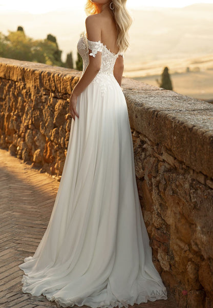 Off-Shoulder Sleeveless Lace Appliques Side Slit A-Line Wedding Dress