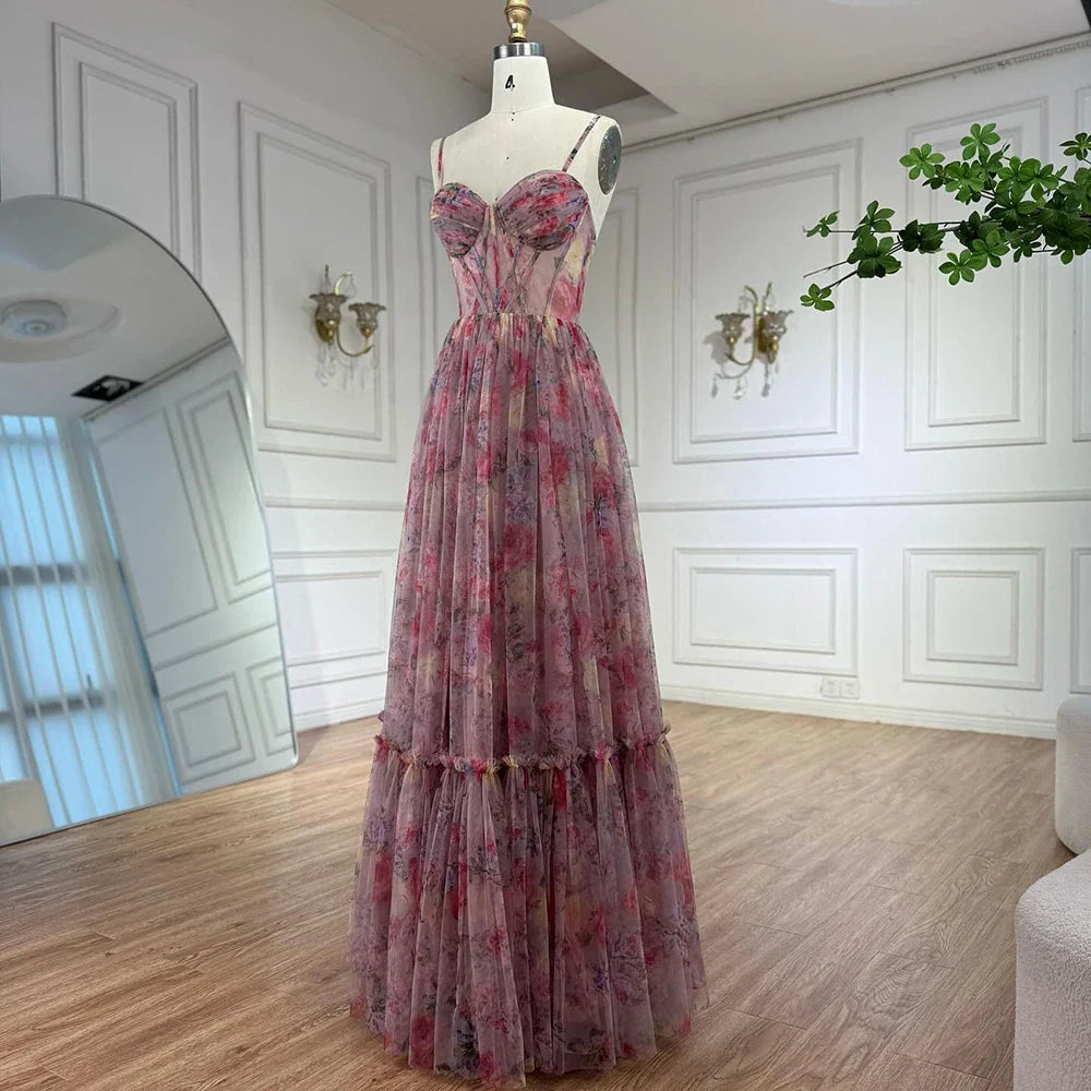 Pink A-Line Tulle Printed Ruffle Tiered Prom Dress