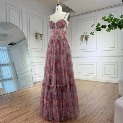 Pink A-Line Tulle Printed Ruffle Tiered Prom Dress