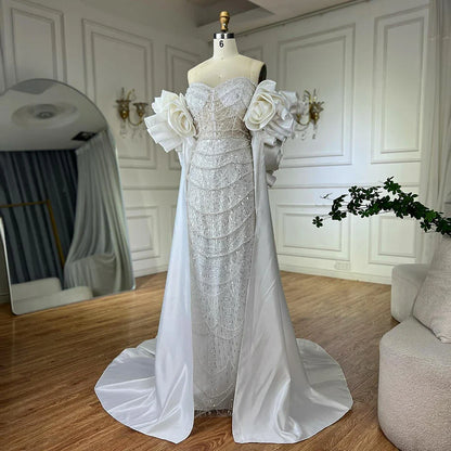 Red Long Cape Pearls Beaded Mermaid Evening Dress Gown