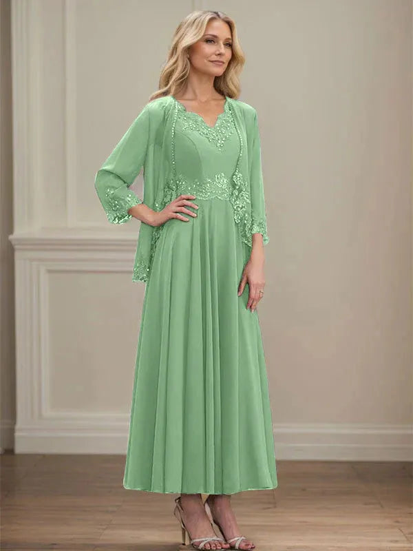 A-line V-Neck Ankle-Length Chiffon Mother of the Bride Dress With Sequins Appliques Lace Beading