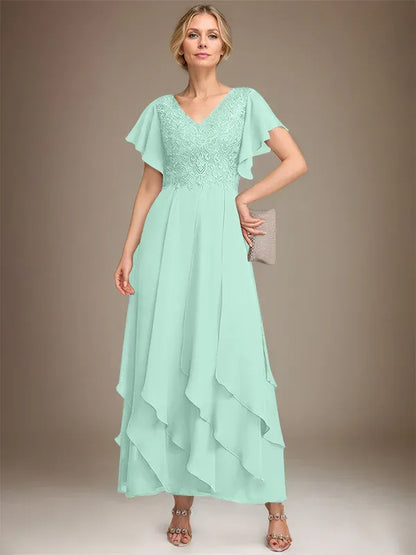 A-line V-Neck Ankle-Length Lace Chiffon Mother of the Bride Dress With Cascading Ruffles