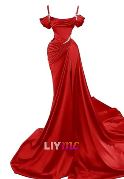 LP595 - Mermaid/Trumpet Off Shoulder Pleated Satin Long Prom Evening Dress With Slit