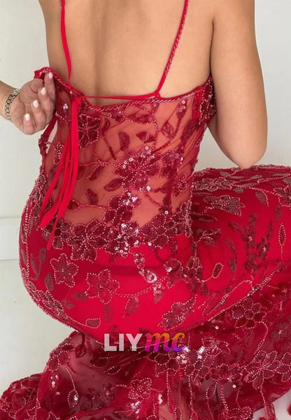 Spaghetti Straps Mermaid Sequined Lace Long Formal Prom Dresses