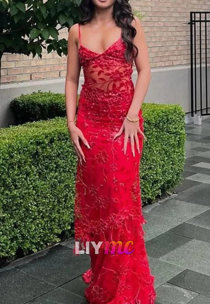 Spaghetti Straps Mermaid Sequined Lace Long Formal Prom Dresses