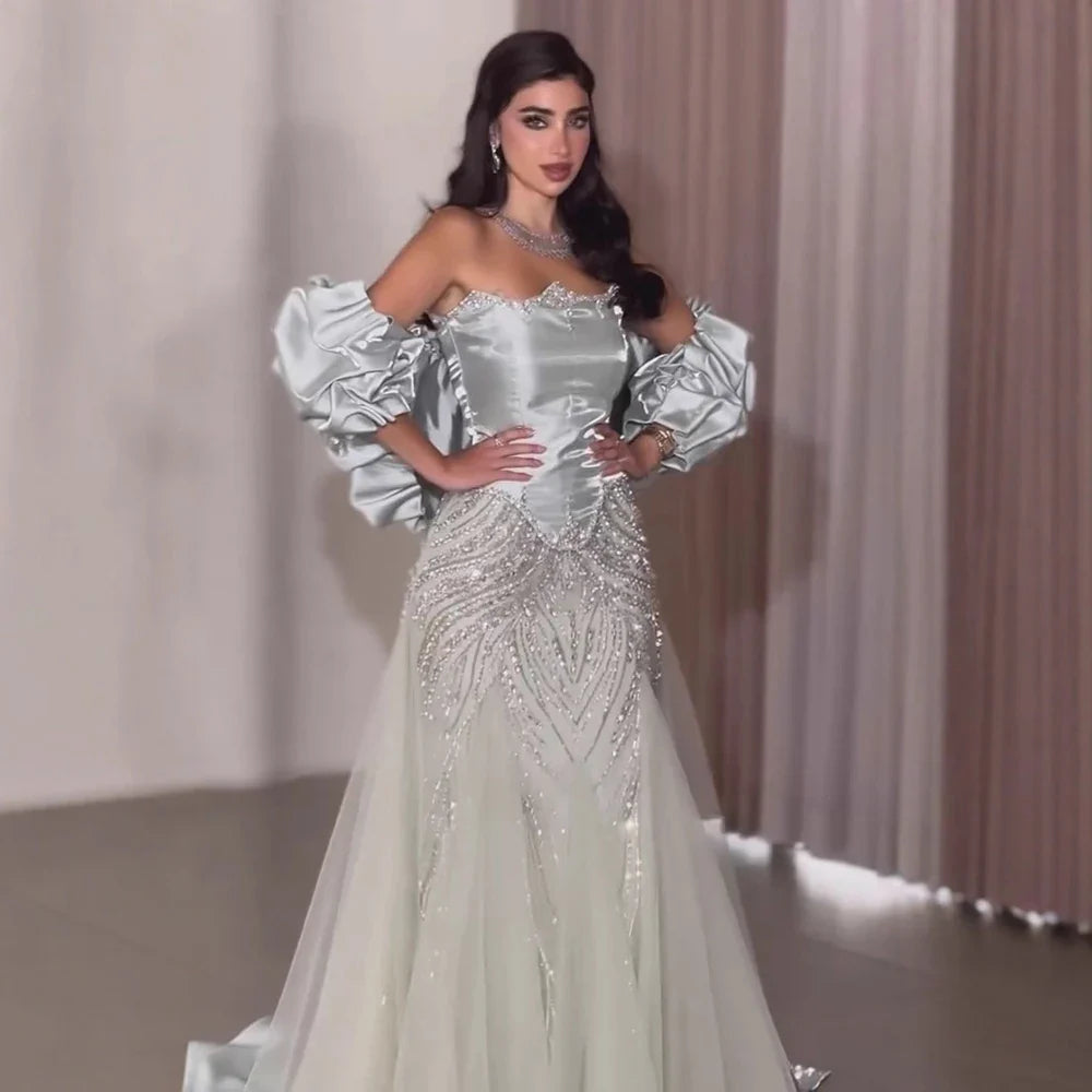 Luxury Sage Green Beaded Mermaid Evening Dress with Balloon Sleeves