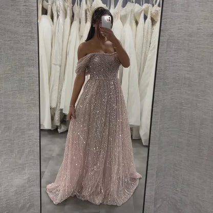 Nude A-Line Evening Gown with Pearl Beading