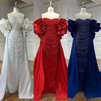 Red Long Cape Pearls Beaded Mermaid Evening Dress Gown