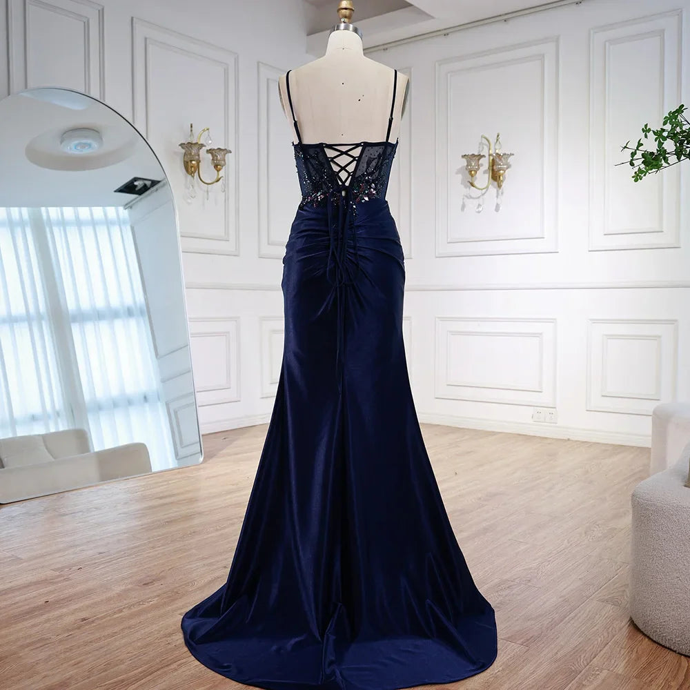 Classy Navy Satin Prom Dress with Lace Beaded and Slit