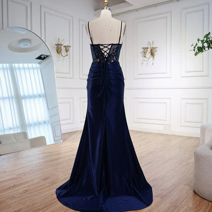 Classy Navy Satin Prom Dress with Lace Beaded and Slit