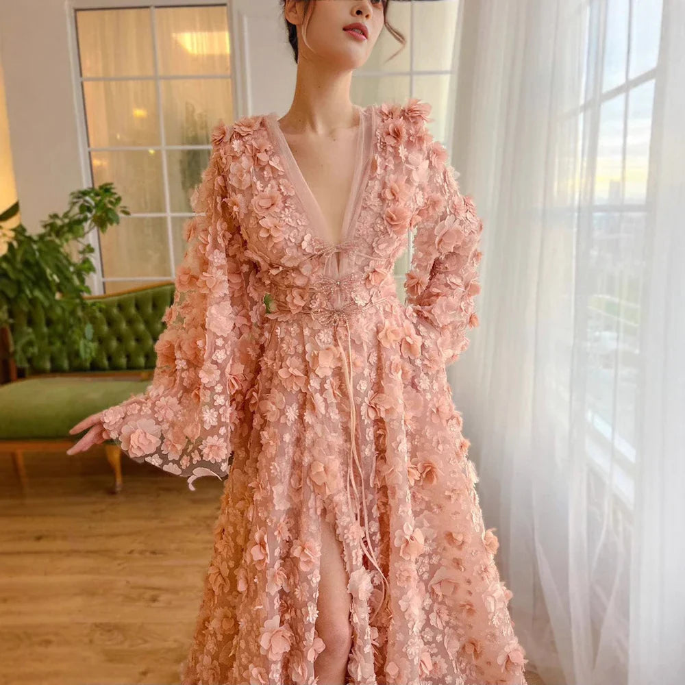 Blush Peach-Pink 3D Flowers Evening Dresses with Bell Long Sleeves