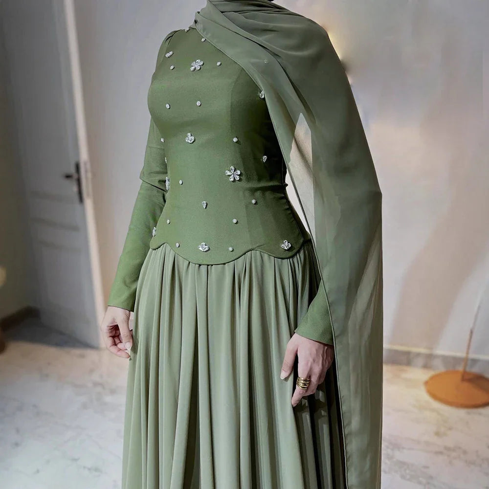 Luxury Olive Green Beaded Evening Dress with Cape