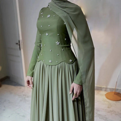 Luxury Olive Green Beaded Evening Dress with Cape