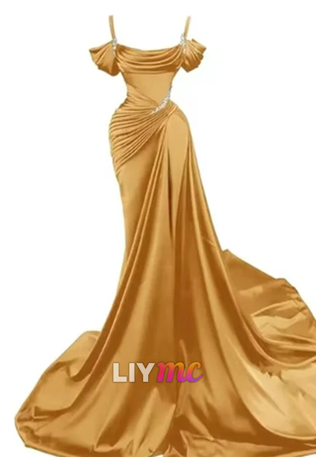 LP595 - Mermaid/Trumpet Off Shoulder Pleated Satin Long Prom Evening Dress With Slit