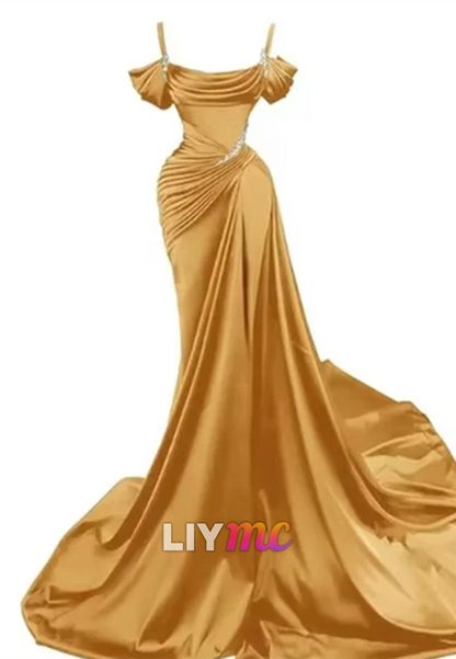 LP595 - Mermaid/Trumpet Off Shoulder Pleated Satin Long Prom Evening Dress With Slit