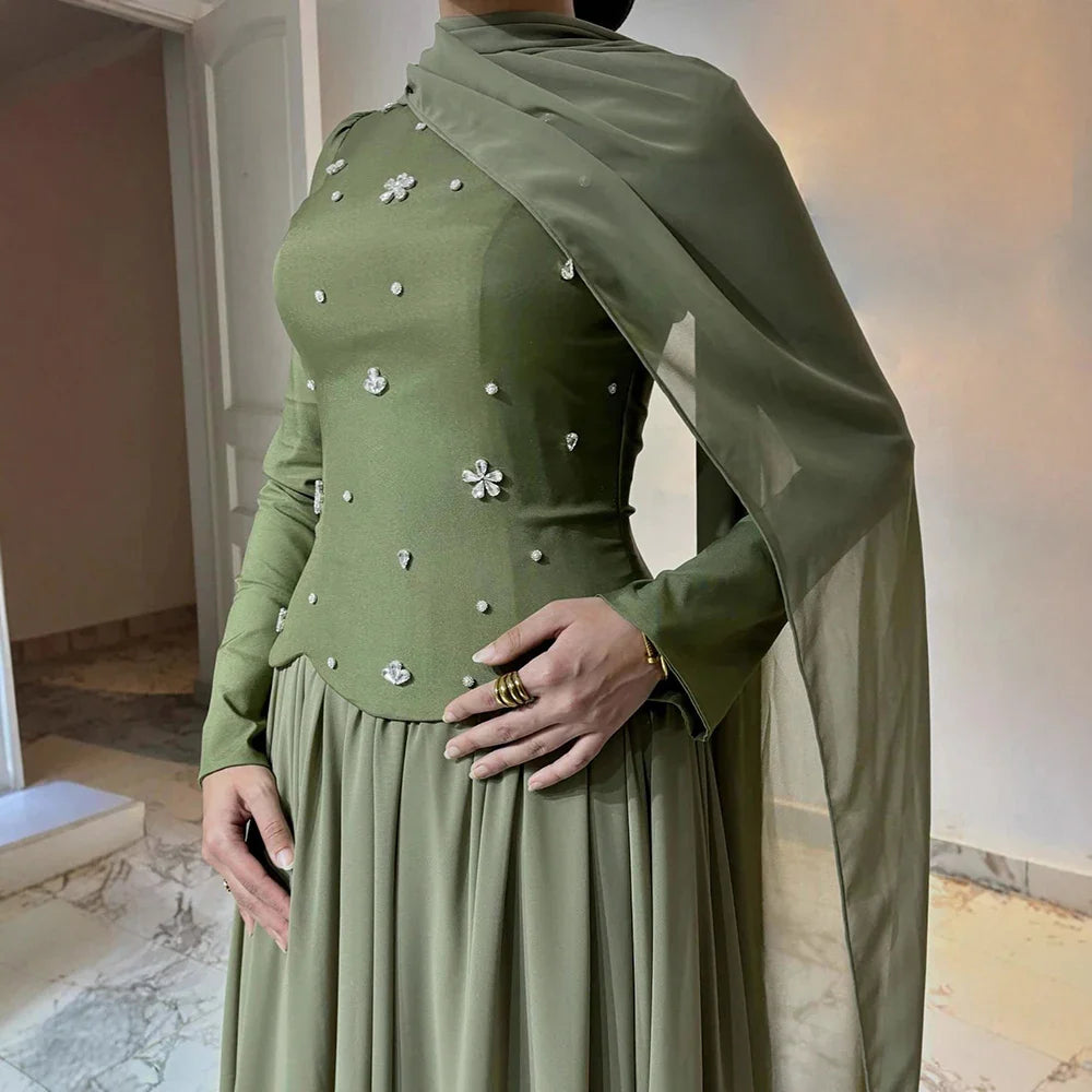 Luxury Olive Green Beaded Evening Dress with Cape