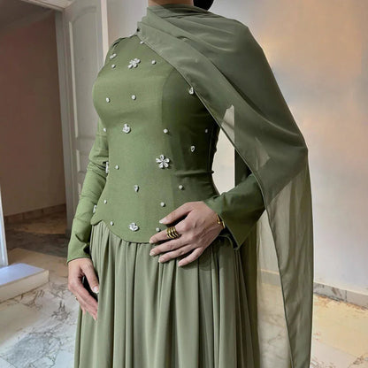 Luxury Olive Green Beaded Evening Dress with Cape